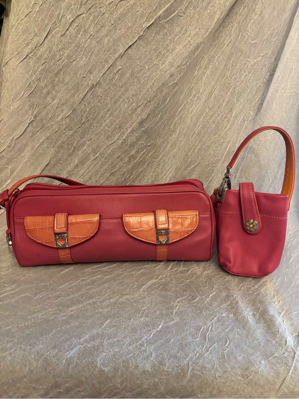 Brighton Pink Leather Croc Accent Heart Hardware Shoulder Bag + Mini Pouch